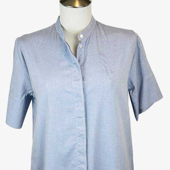 EUC Everlane Sz 2 Collarless Belted Shirt Dress. Shift Pockets. Cotton Blue - Picture 5 of 12